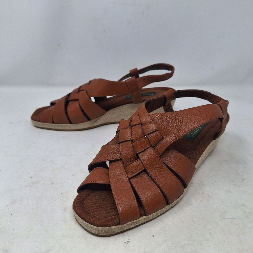 Easy Spirit Brown Faux Leather Woven Open Toe Wedge Sandals Bohemian Hippie Sz 9